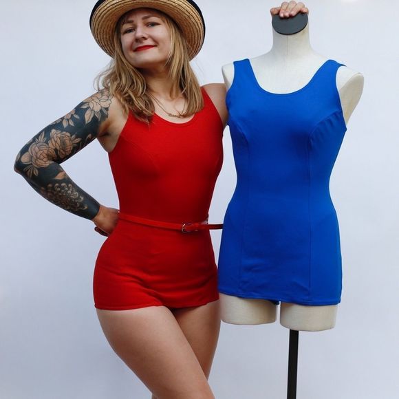 Vintage 60s 70s Retro One Piece Stretch Nylon Swimsuit Pin Up Mod Playsuit Blue - Picture 8 of 16